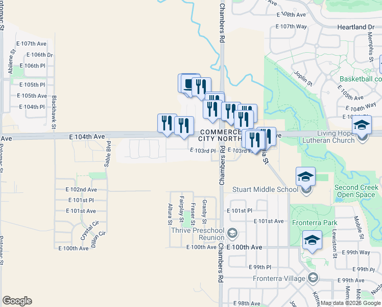 map of restaurants, bars, coffee shops, grocery stores, and more near 15068 East 103rd Place in Commerce City