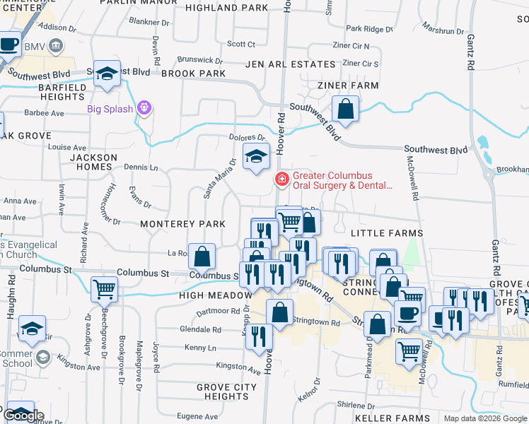 map of restaurants, bars, coffee shops, grocery stores, and more near 2527 Sonora Drive in Grove City