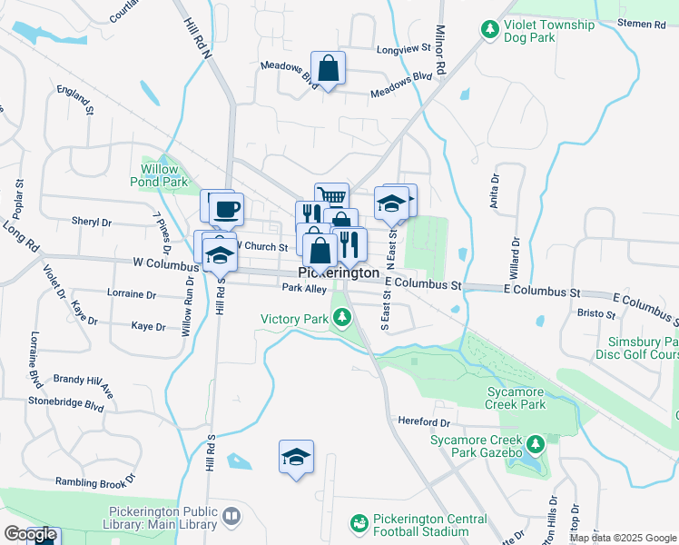 map of restaurants, bars, coffee shops, grocery stores, and more near in Pickerington