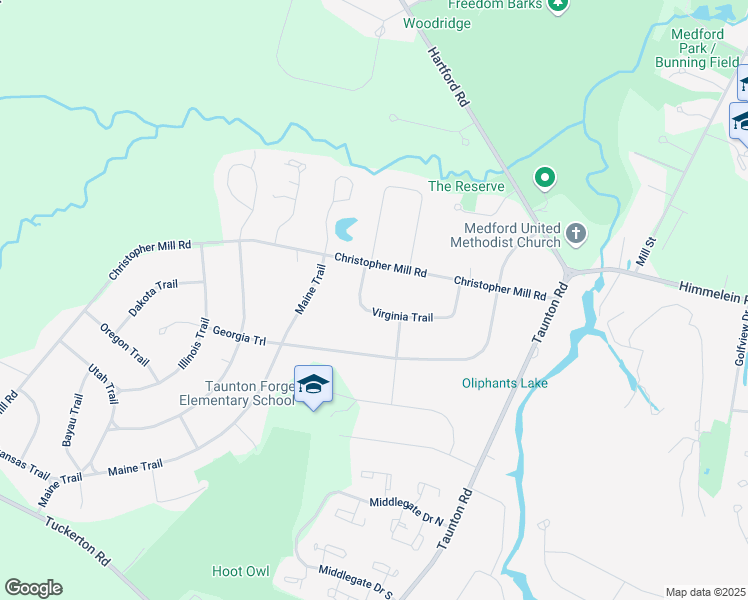 map of restaurants, bars, coffee shops, grocery stores, and more near 22 Virginia Trail in Medford