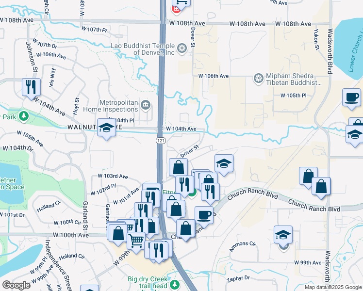 map of restaurants, bars, coffee shops, grocery stores, and more near 10355 Dover Street in Westminster
