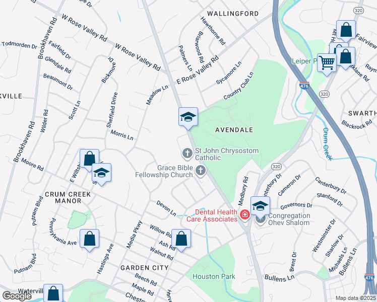 map of restaurants, bars, coffee shops, grocery stores, and more near 613 South Providence Road in Delaware County