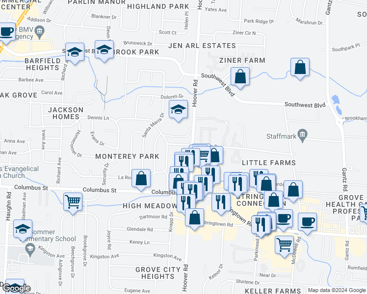 map of restaurants, bars, coffee shops, grocery stores, and more near 2529 Sonora Drive in Grove City