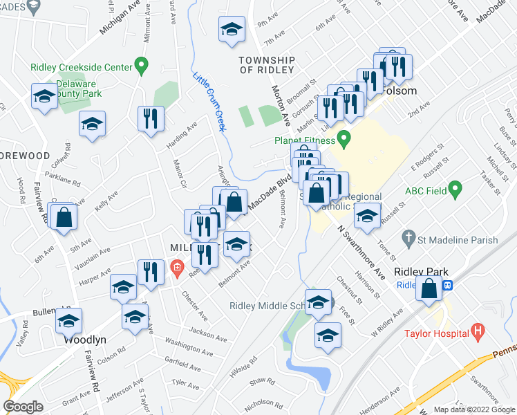 map of restaurants, bars, coffee shops, grocery stores, and more near 220 MacDade Boulevard in Folsom