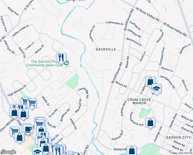 map of restaurants, bars, coffee shops, grocery stores, and more near 208 Sackville Mills Lane in Nether Providence Township