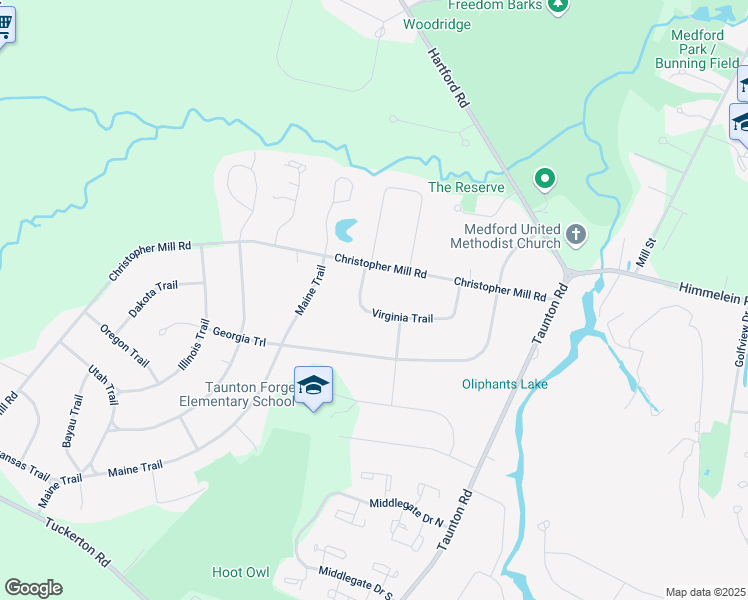 map of restaurants, bars, coffee shops, grocery stores, and more near 22 Virginia Trail in Medford