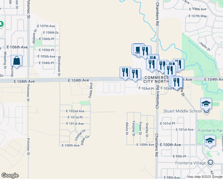 map of restaurants, bars, coffee shops, grocery stores, and more near 14700 East 104th Avenue in Commerce City