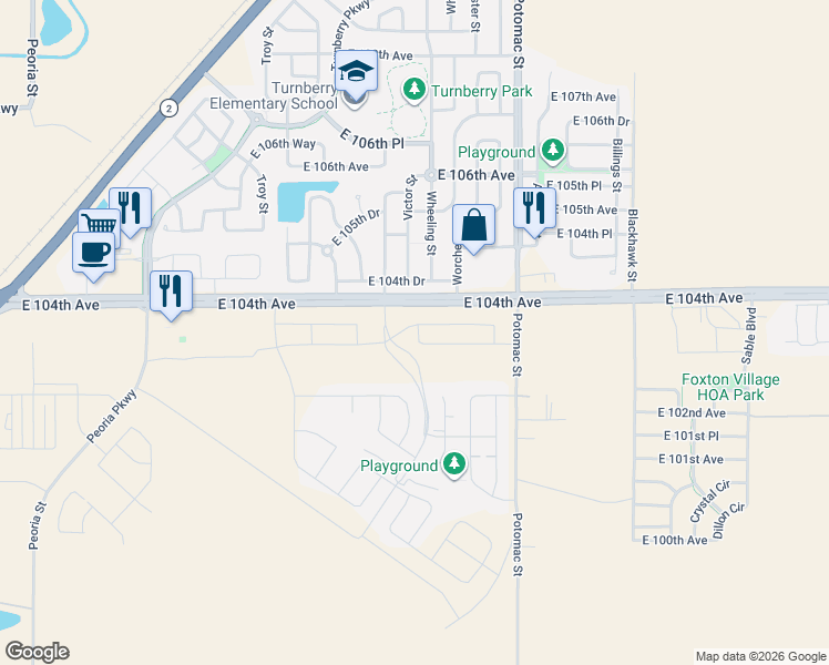 map of restaurants, bars, coffee shops, grocery stores, and more near 13284 East 104th Avenue in Commerce City