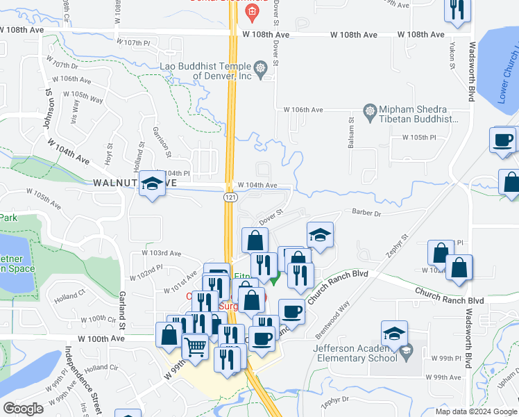 map of restaurants, bars, coffee shops, grocery stores, and more near 10355 Dover Street in Westminster