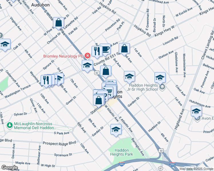 map of restaurants, bars, coffee shops, grocery stores, and more near 103 White Horse Pike in Haddon Heights
