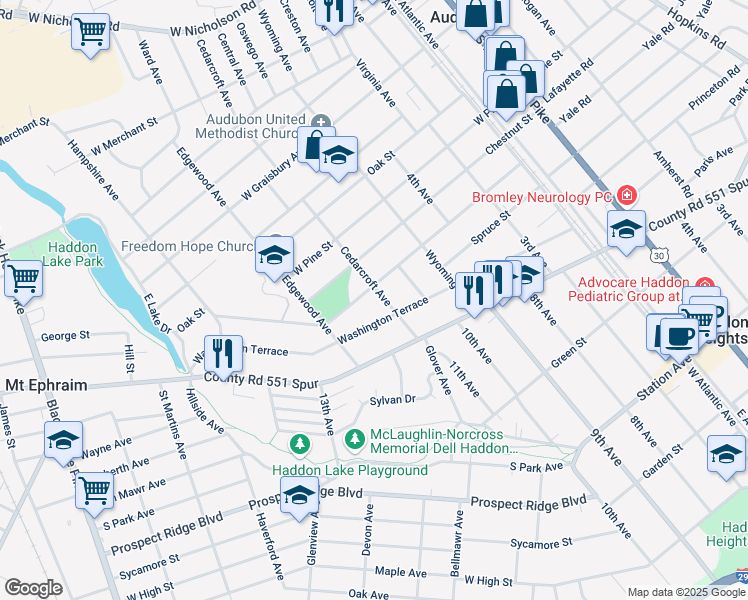 map of restaurants, bars, coffee shops, grocery stores, and more near 349 Walnut Street in Audubon
