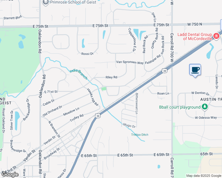 map of restaurants, bars, coffee shops, grocery stores, and more near 12320 Old Orchard Drive in Indianapolis