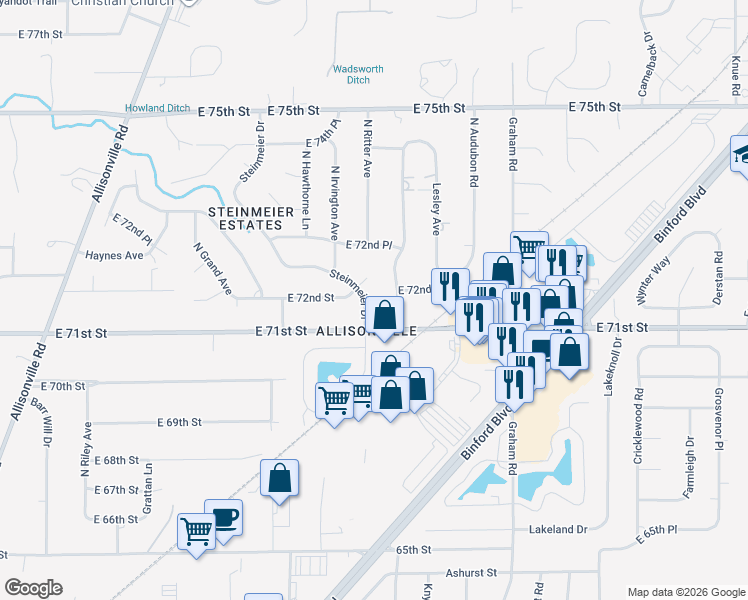 map of restaurants, bars, coffee shops, grocery stores, and more near 7145 Steinmeier Court in Indianapolis