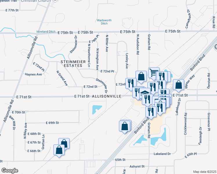 map of restaurants, bars, coffee shops, grocery stores, and more near 7145 Steinmeier Court in Indianapolis