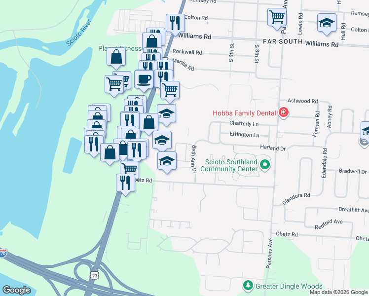 map of restaurants, bars, coffee shops, grocery stores, and more near 3835 Beth Ann Drive in Columbus