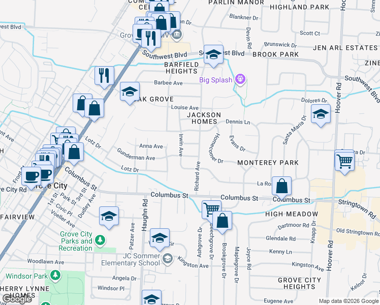 map of restaurants, bars, coffee shops, grocery stores, and more near 2986 Michael Lane in Grove City