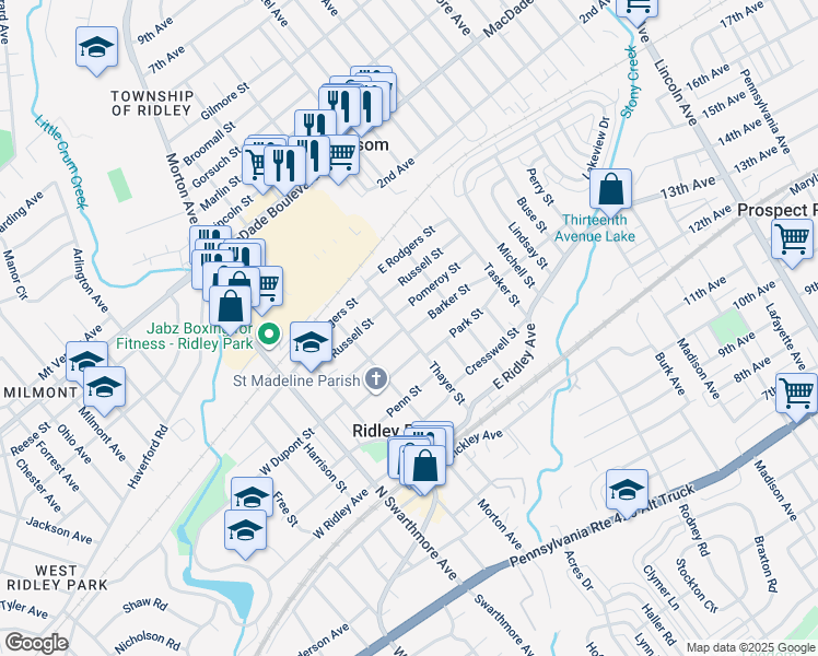 map of restaurants, bars, coffee shops, grocery stores, and more near 501 Thayer Street in Ridley Park