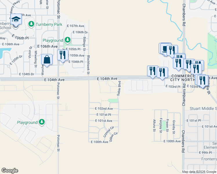 map of restaurants, bars, coffee shops, grocery stores, and more near 14350 East 104th Avenue in Commerce City