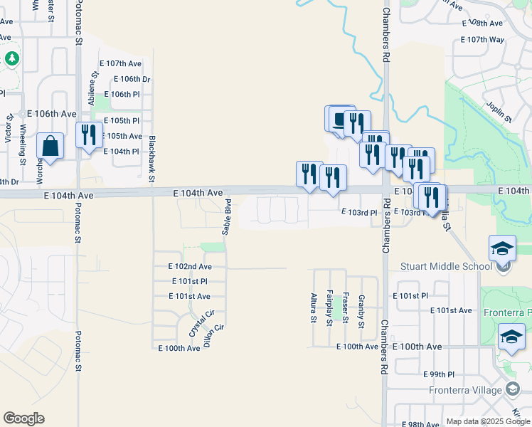map of restaurants, bars, coffee shops, grocery stores, and more near 14700 East 104th Avenue in Commerce City