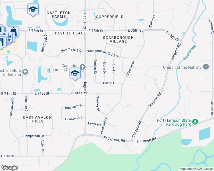 map of restaurants, bars, coffee shops, grocery stores, and more near 7848 Hilltop Lane in Indianapolis