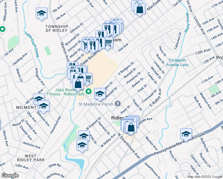 map of restaurants, bars, coffee shops, grocery stores, and more near 601 Morton Avenue in Ridley Park