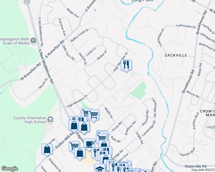 map of restaurants, bars, coffee shops, grocery stores, and more near 423 Meadowhurst Lane in Media