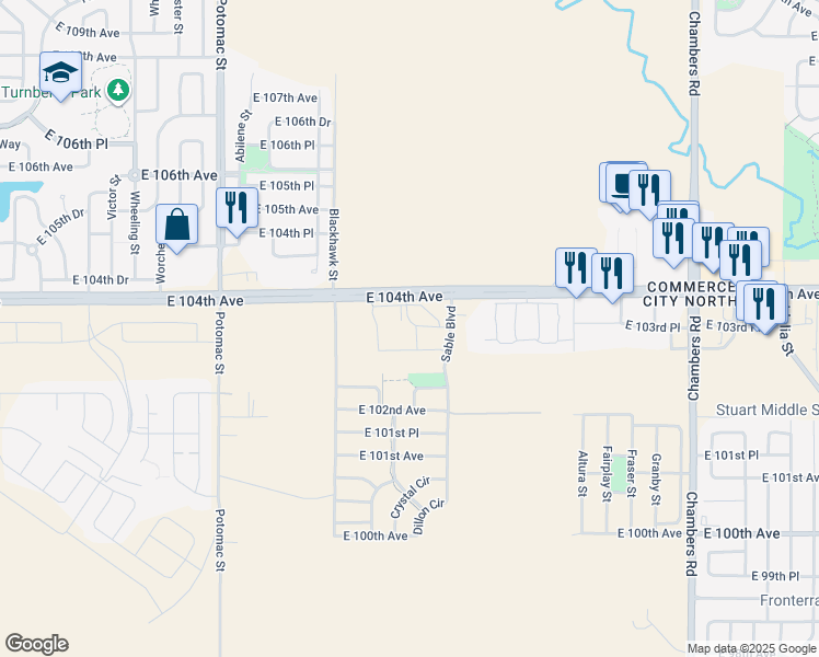 map of restaurants, bars, coffee shops, grocery stores, and more near 14480 East 104th Avenue in Commerce City