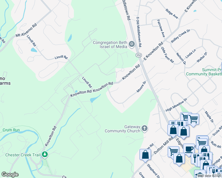 map of restaurants, bars, coffee shops, grocery stores, and more near 1 Moore Circle in Media
