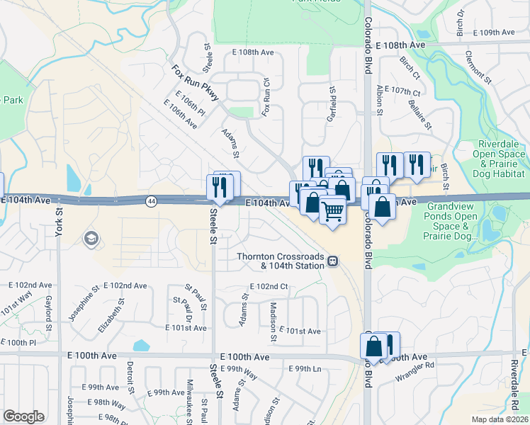 map of restaurants, bars, coffee shops, grocery stores, and more near 3241 East 103rd Place in Thornton