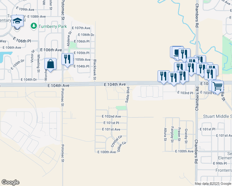 map of restaurants, bars, coffee shops, grocery stores, and more near 14480 East 104th Avenue in Commerce City