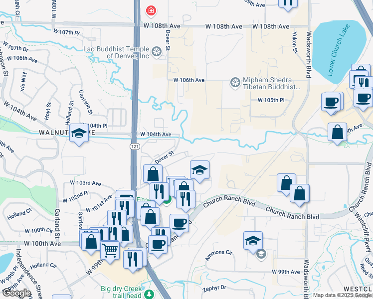 map of restaurants, bars, coffee shops, grocery stores, and more near 10355 Dover Street in Westminster