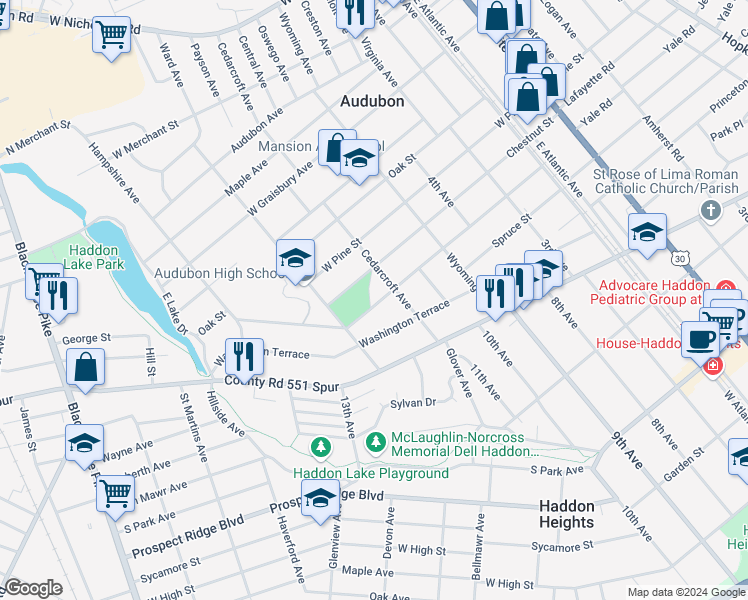 map of restaurants, bars, coffee shops, grocery stores, and more near 430 Chestnut Street in Audubon