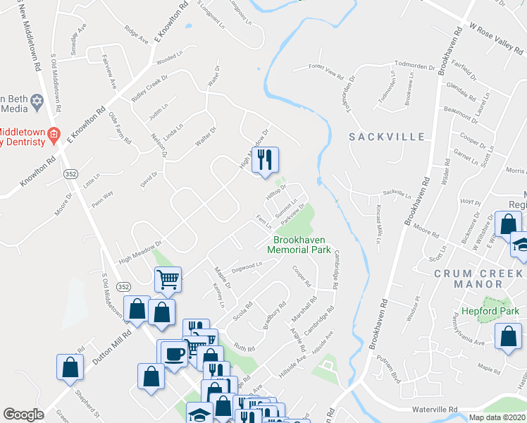map of restaurants, bars, coffee shops, grocery stores, and more near 7403 Hilltop Drive in Brookhaven