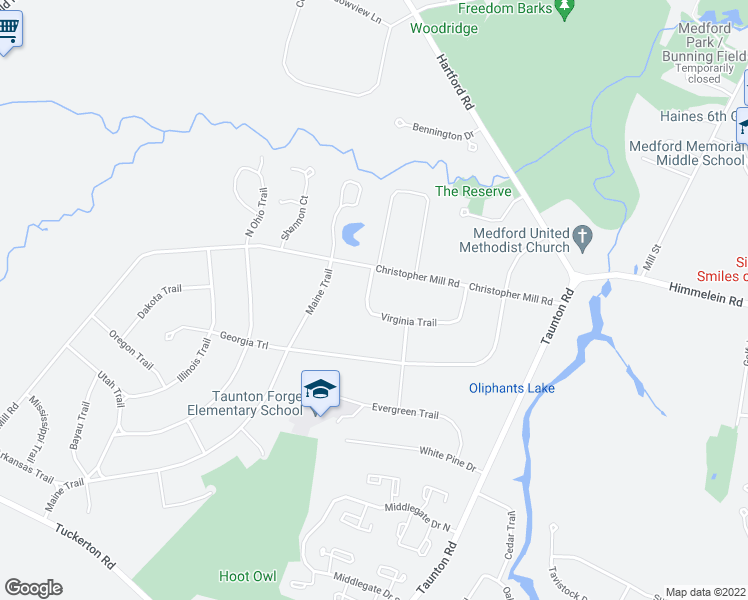 map of restaurants, bars, coffee shops, grocery stores, and more near 37 Christopher Mill Road in Medford