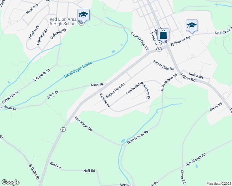 map of restaurants, bars, coffee shops, grocery stores, and more near 218 Forest Hills Road in Red Lion