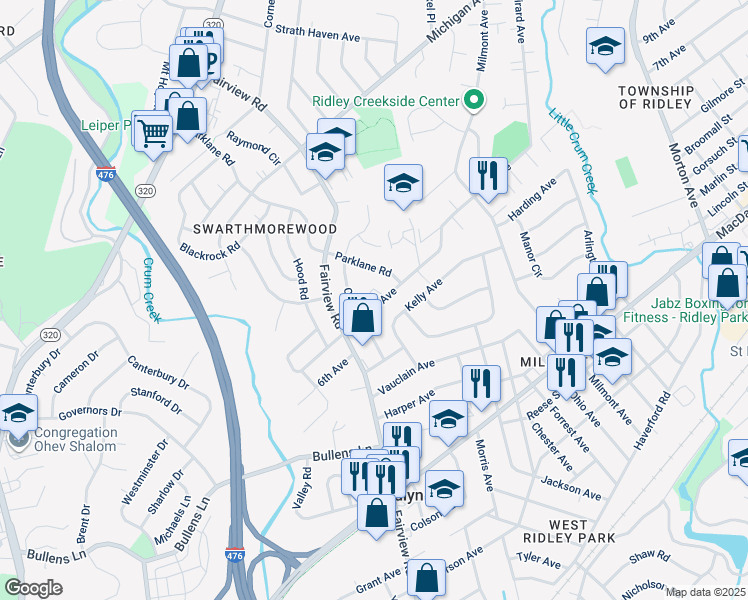 map of restaurants, bars, coffee shops, grocery stores, and more near 701 7th Avenue Circle in Swarthmore