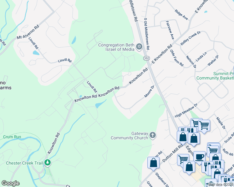 map of restaurants, bars, coffee shops, grocery stores, and more near 1 Moore Circle in Media