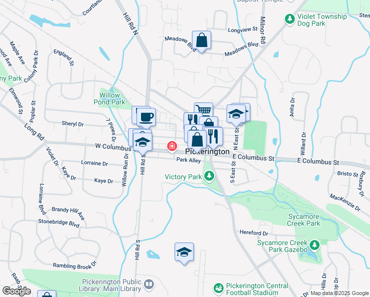 map of restaurants, bars, coffee shops, grocery stores, and more near 55 West Church Street in Pickerington