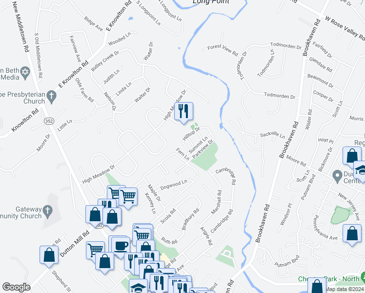 map of restaurants, bars, coffee shops, grocery stores, and more near 7221 Hilltop Drive in Brookhaven