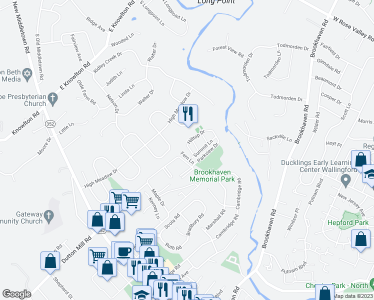 map of restaurants, bars, coffee shops, grocery stores, and more near 7205 Hilltop Drive in Brookhaven