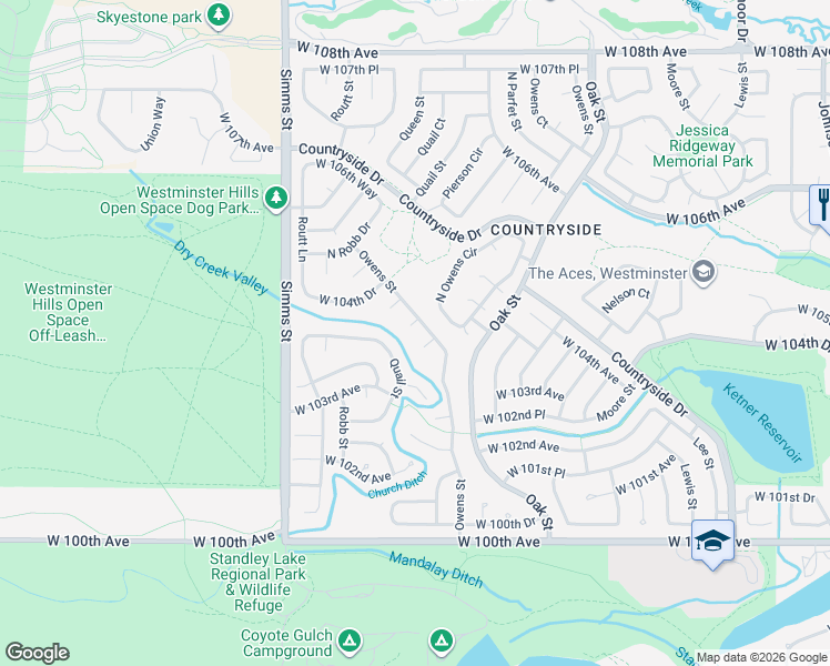 map of restaurants, bars, coffee shops, grocery stores, and more near 10346 Owens Circle in Westminster