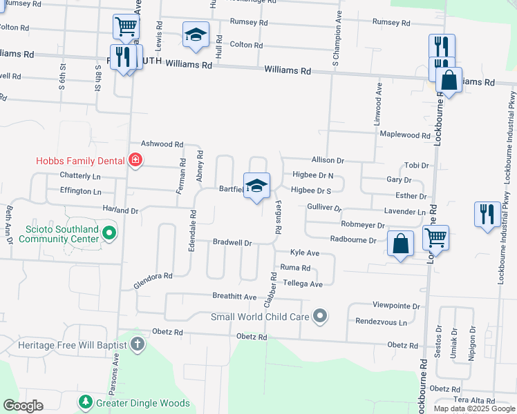 map of restaurants, bars, coffee shops, grocery stores, and more near 775 Bartfield Drive in Columbus