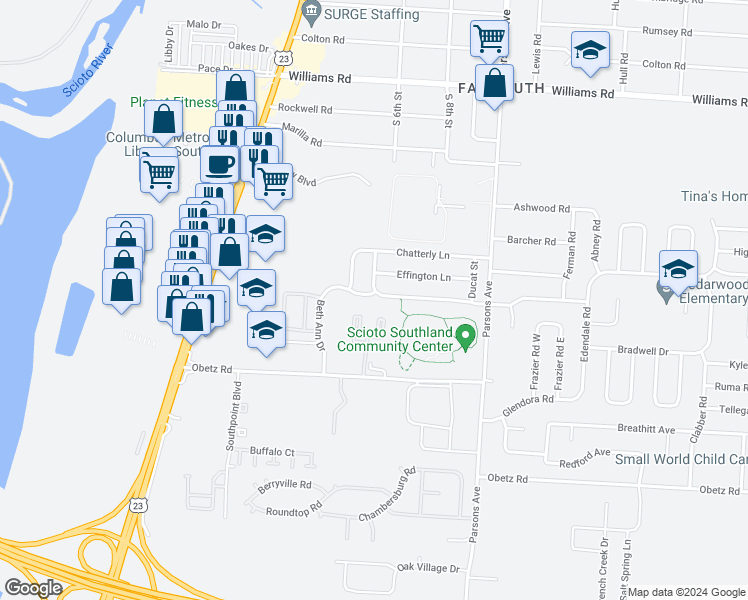 map of restaurants, bars, coffee shops, grocery stores, and more near 249 Border Street in Columbus