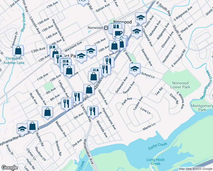 map of restaurants, bars, coffee shops, grocery stores, and more near 651 Mohawk Avenue in Norwood