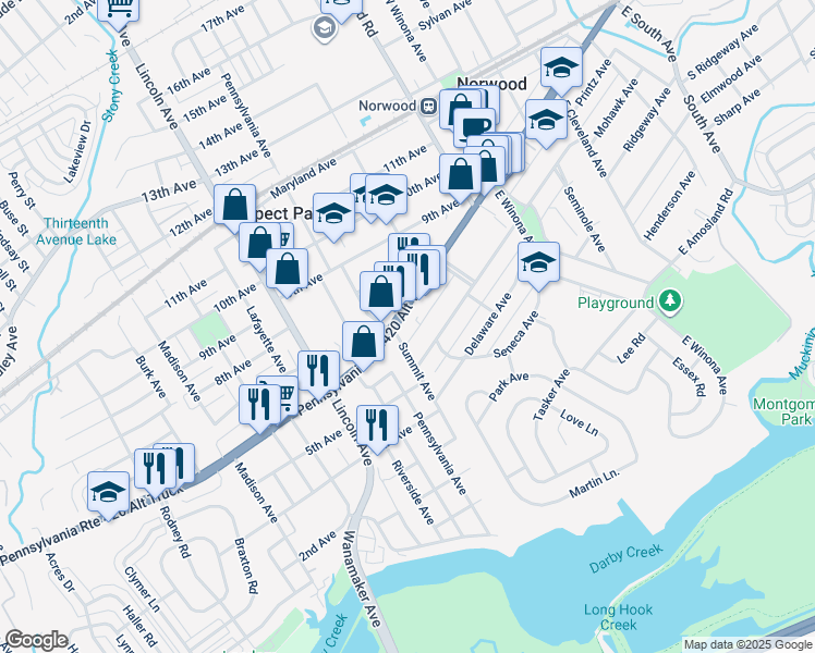 map of restaurants, bars, coffee shops, grocery stores, and more near 652 Chester Pike in Norwood