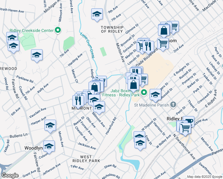 map of restaurants, bars, coffee shops, grocery stores, and more near 214 MacDade Boulevard in Folsom