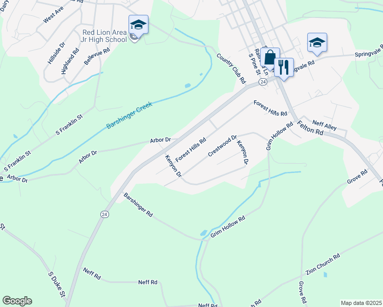 map of restaurants, bars, coffee shops, grocery stores, and more near 218 Forest Hills Road in Red Lion