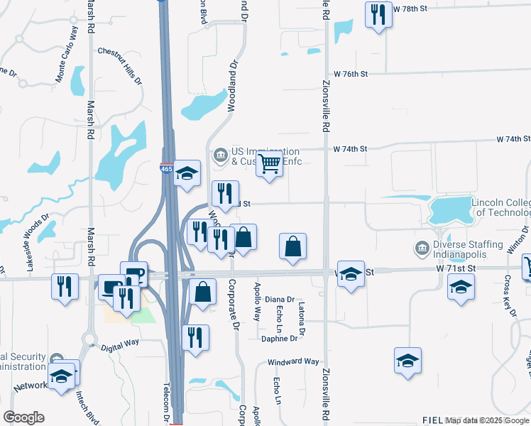 map of restaurants, bars, coffee shops, grocery stores, and more near 5759 West 73rd Street in Indianapolis