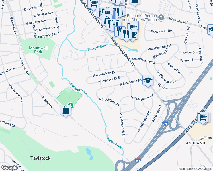 map of restaurants, bars, coffee shops, grocery stores, and more near 216 North Brookfield Road in Cherry Hill