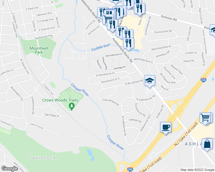 map of restaurants, bars, coffee shops, grocery stores, and more near 216 North Brookfield Road in Cherry Hill